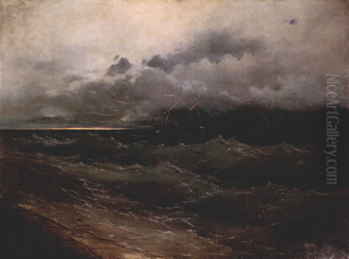 Ships on Stormy Sea, Sunrise Oil Painting by Ivan Aivazovsky