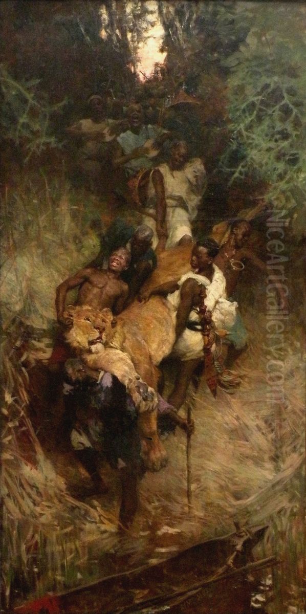 Retour de chasse au lion Oil Painting by Aime Morot
