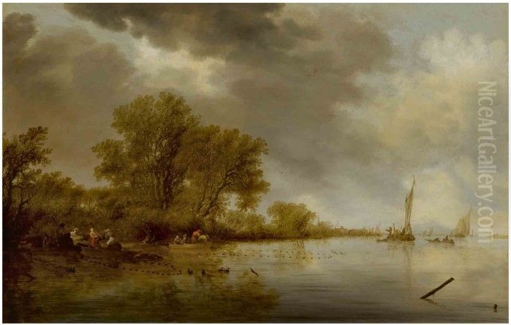 River landscape with fishermen tending their nets along a bank Oil Painting by Salomon van Ruysdael