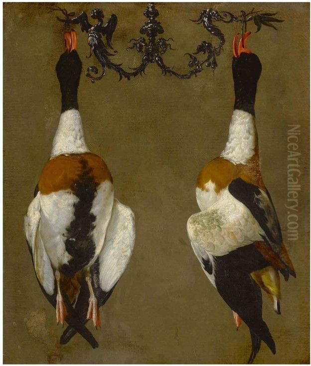 Still life of two shelducks hanging from their bills Oil Painting by Cesare Dandini