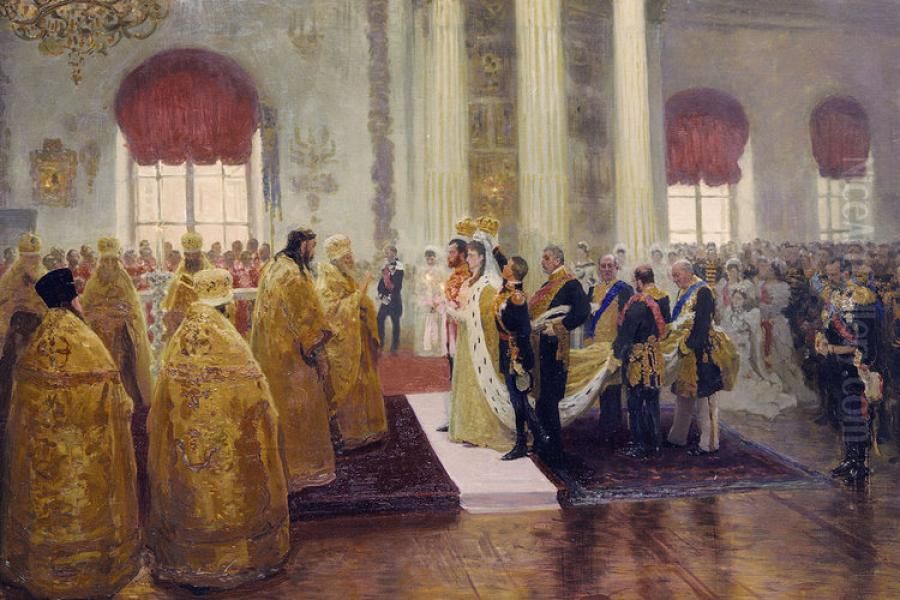 Wedding of Nicholas II and Grand Duchess Alexandra Feodorovna. Oil Painting by Repin Iliya