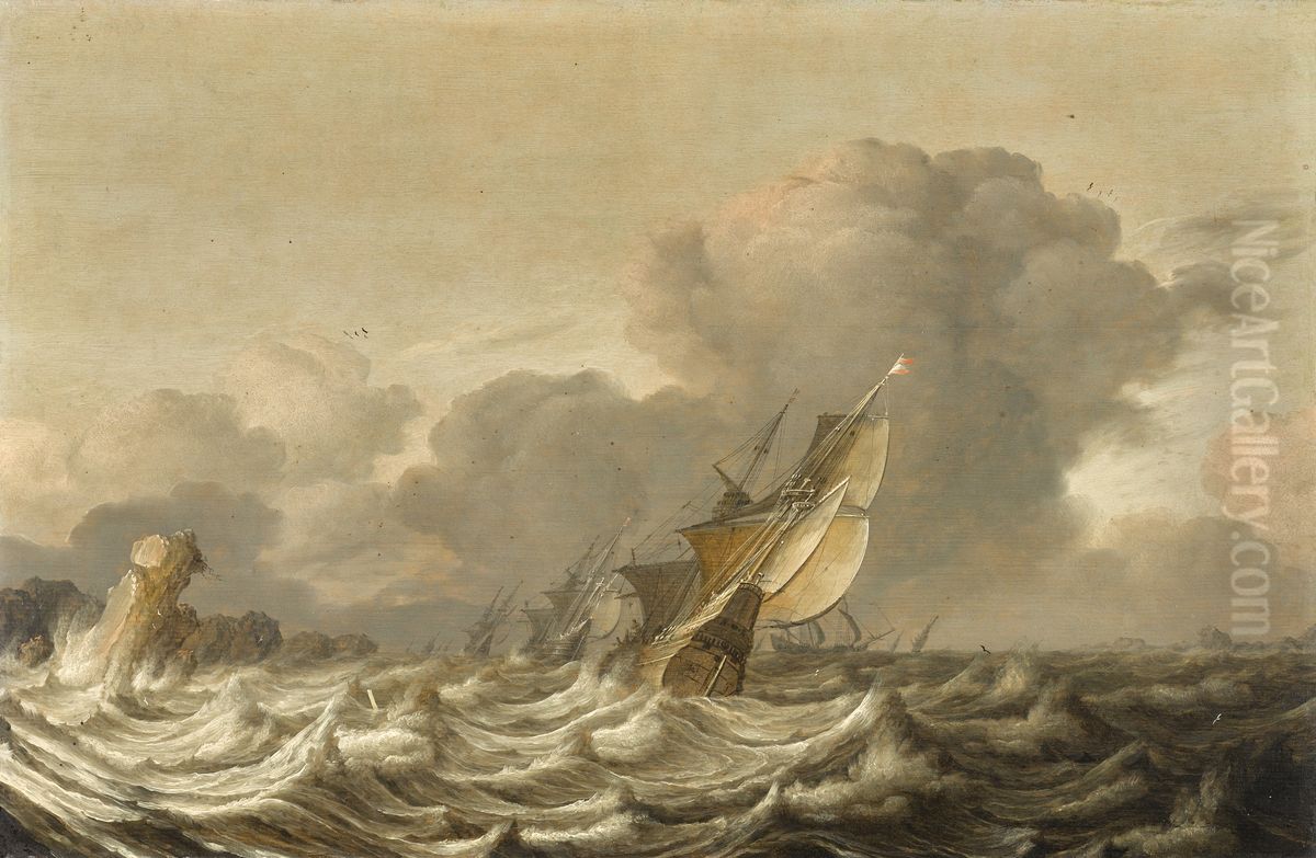 SAILING VESSELS IN CHOPPY SEAS Oil Painting by Pieter Mulier the Elder