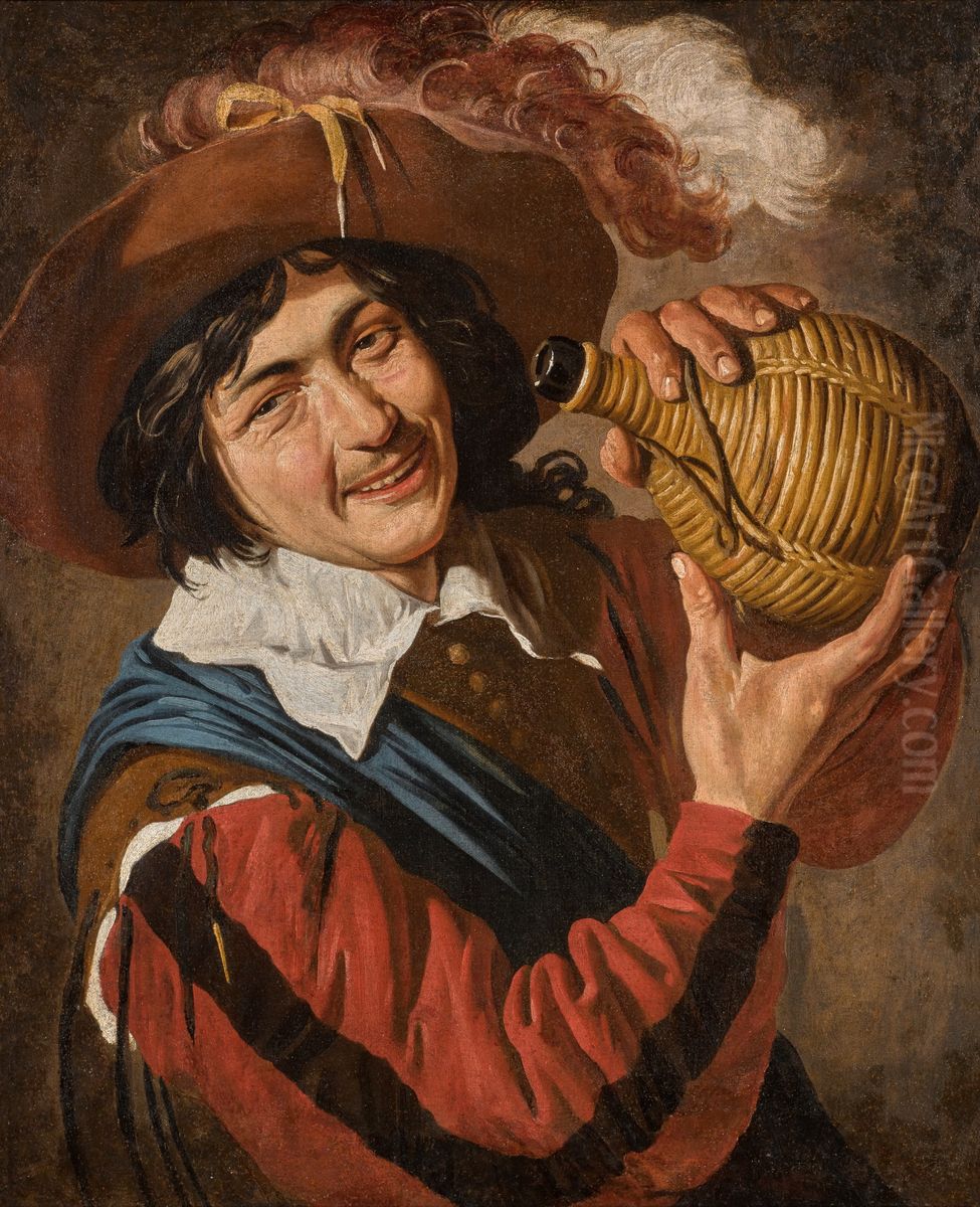 A YOUNG MAN, WEARING A FEATHERED HAT AND HOLDING A WINE FLASK Oil Painting by Theodoor Rombouts