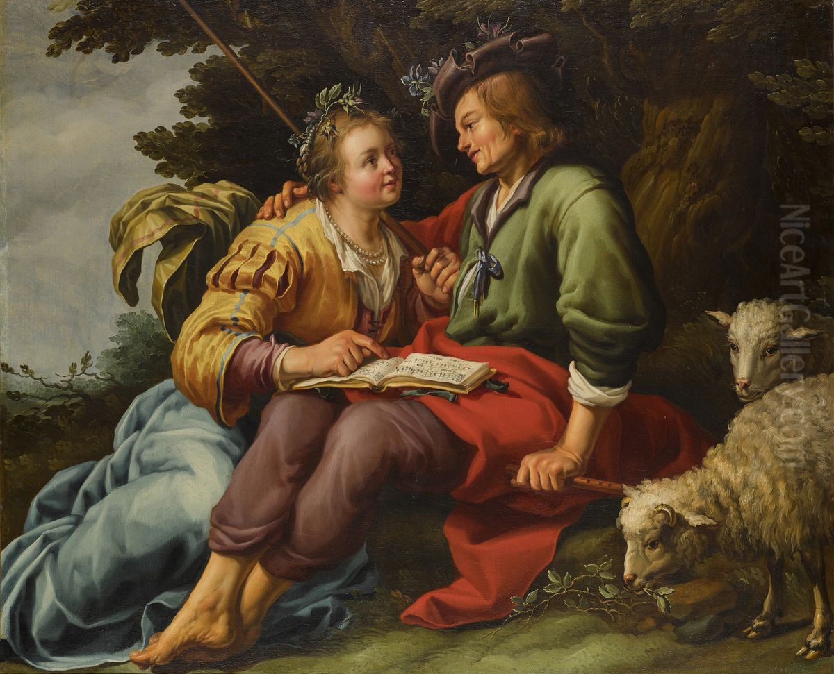 A SHEPHERD AND SHEPHERDESS WITH A SONGBOOK IN A LANDSCAPE, THEIR FLOCK BESIDE THEM Oil Painting by Aelbert Jansz. van der Schoor