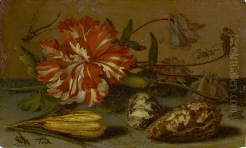 STILL LIFE WITH A CARNATION AND A CROCUS, TWO SHELLS, AND A DRAGONFLY, SPIDER AND FLIES, ALL ON A STONE LEDGE Oil Painting by Balthasar Van Der Ast