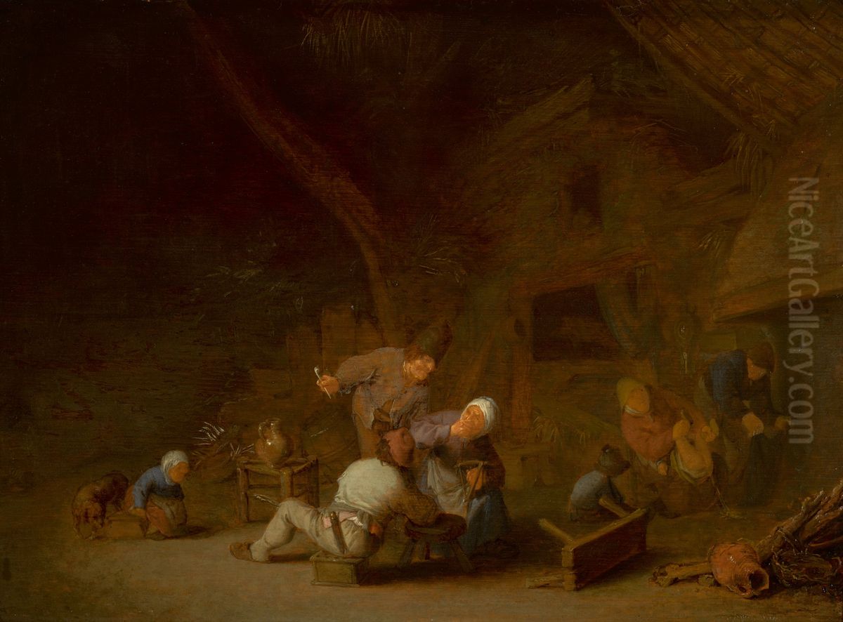 INTERIOR OF A BARN WITH PEASANTS CAROUSING ('THE SENSE OF SMELL') Oil Painting by Adriaen van Ostade
