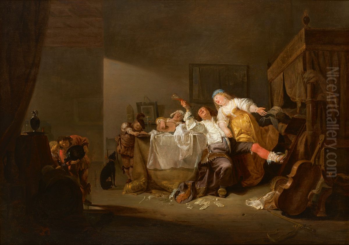 BROTHEL SCENE, WITH FIGURES MAKING MERRY AND PLAYING MUSIC Oil Painting by Maerten Stoop