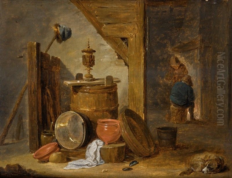 A BARN INTERIOR WITH A STILL LIFE OF KITCHEN UTENSILS, A DOG, AND FIGURES BY A FIREPLACE BEYOND Oil Painting by David Teniers the Younger