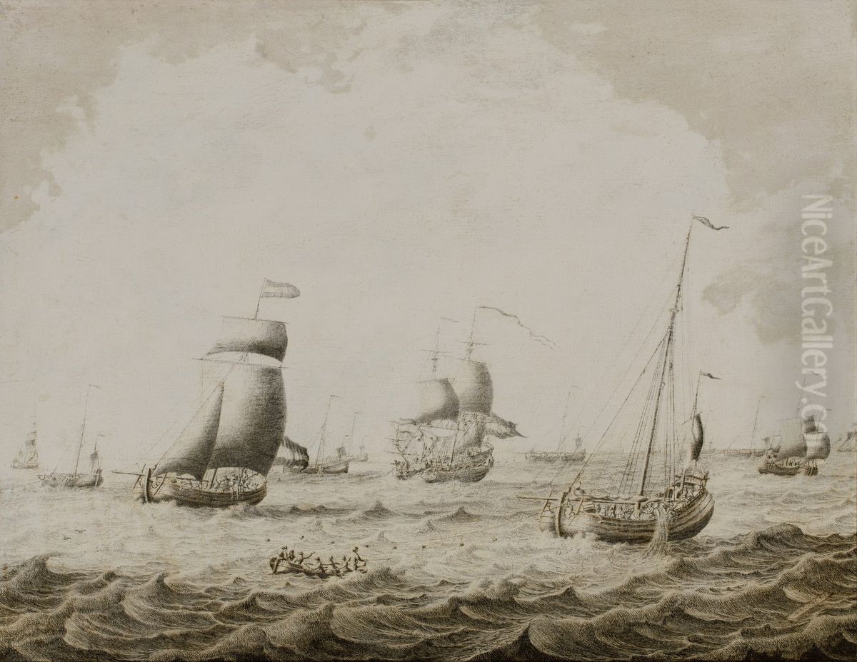RIVER ESTUARY WITH SAILING SHIPS, FISHING BOATS, AND A ROWING BOAT IN THE FOREGROUND Oil Painting by Adriaen Van Salm