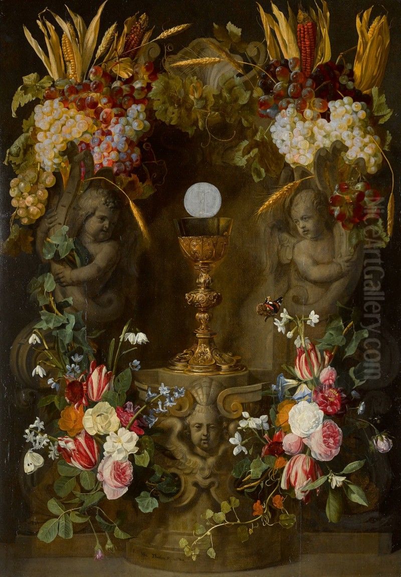 GARLANDS OF ROSES, TULIPS, NARCISSI, SNOWDROPS, HYACINTHS AND CONVOLVULI, WITH GRAPES, EARS OF CORN AND HEADS OF MAIZE, SURROUNDING THE HOST IN A SCULPTED NICHE Oil Painting by Jan Philip van Thielen