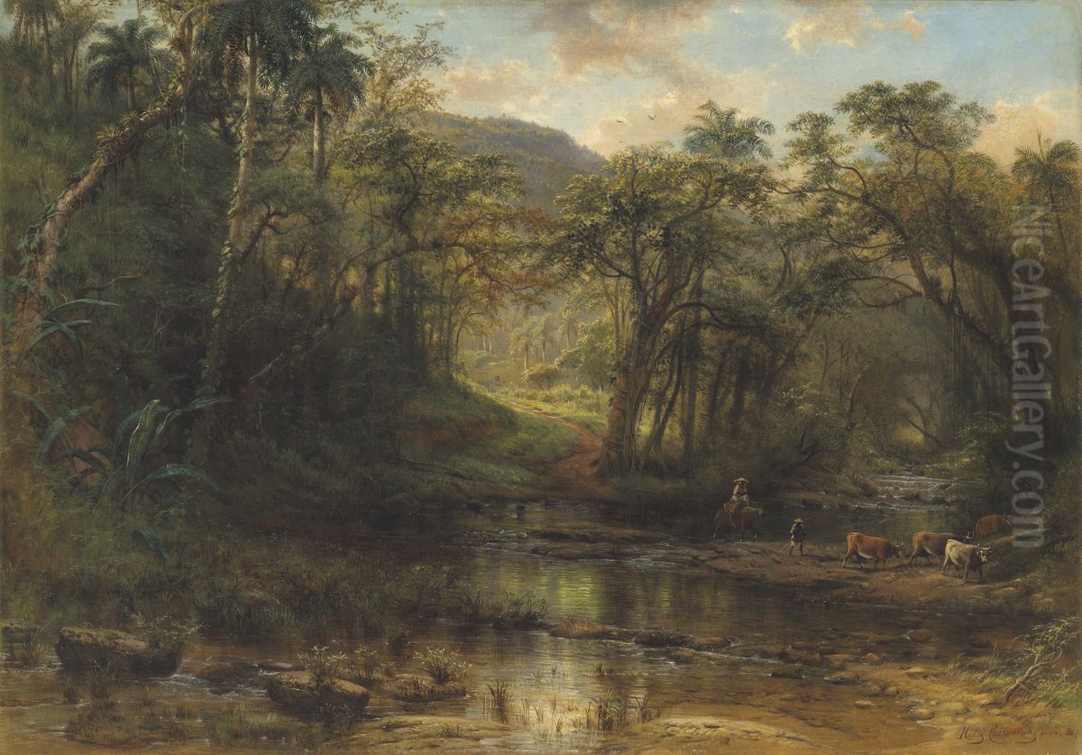 A Cuban landscape with drovers and cattle fording a stream Oil Painting by Henri Cleenewerck