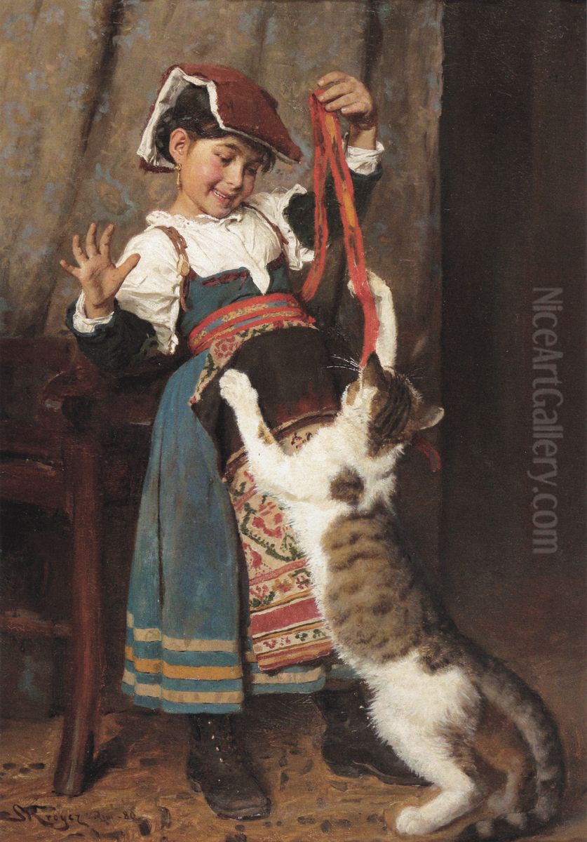 En lille Pige, staaende hel Figur i Bondedragt, leger med en Kat. Oil Painting by Peder Severin Kroyer