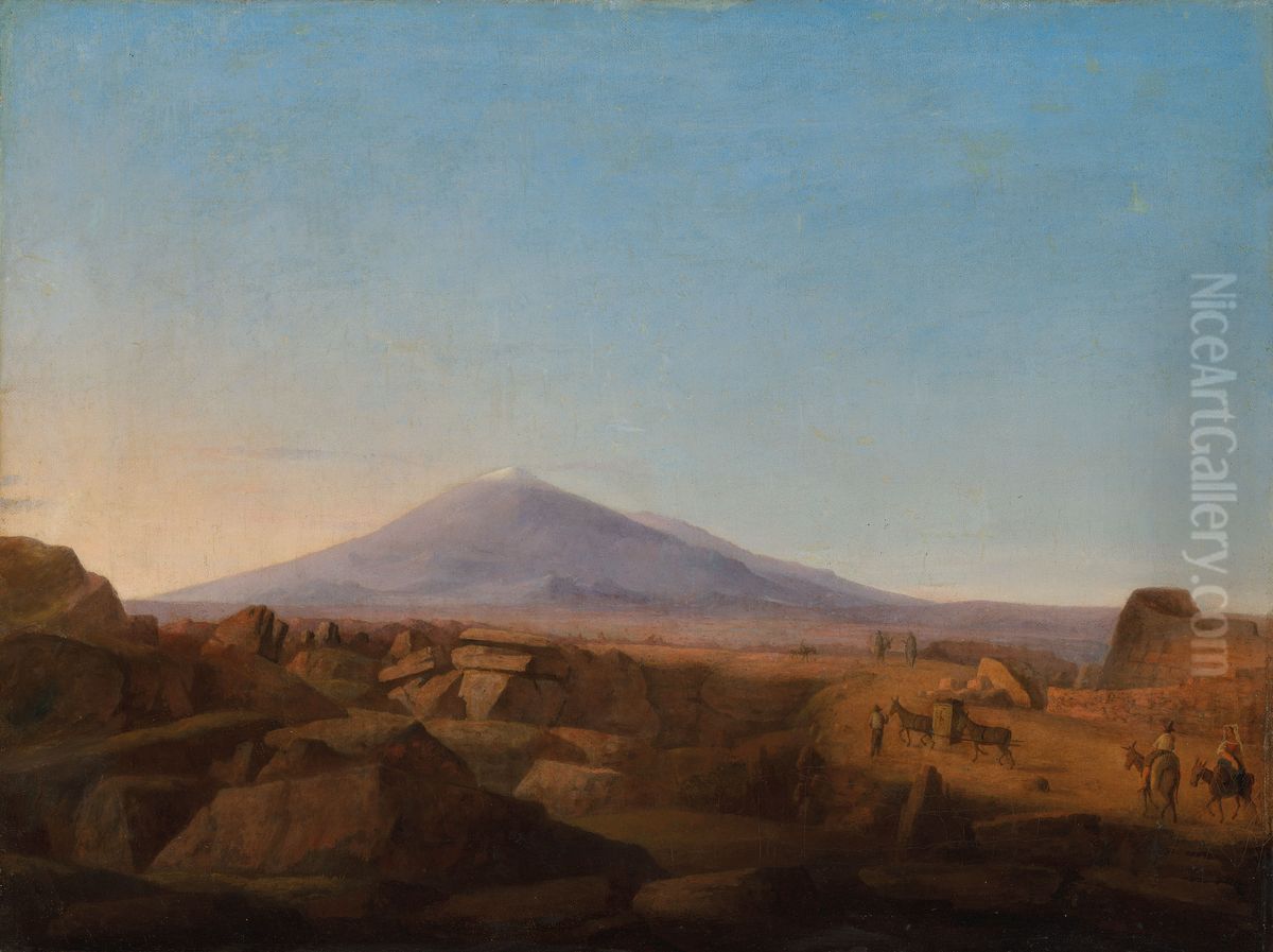 Popocatepetl volcano, Mexico, with travellers on a rocky road in the foreground Oil Painting by unknown
