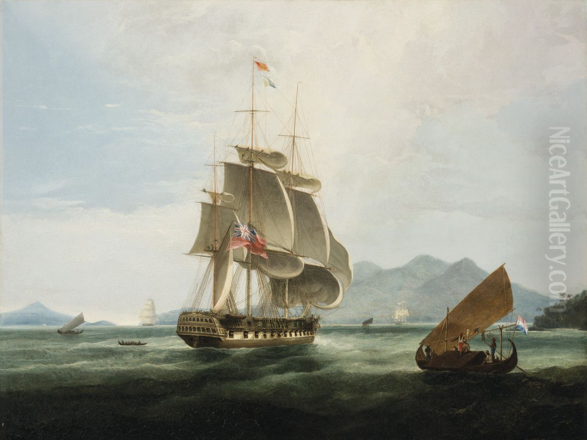 The Hon. Company's ship Sir David Scott, at the entrance of the Straits of Sunda, 1831 Oil Painting by William John Huggins