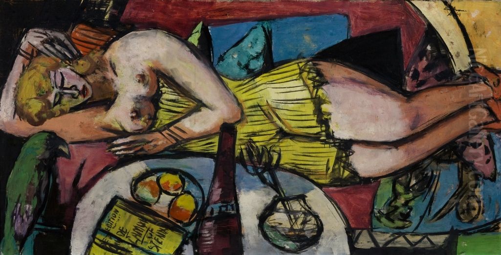 Grosse liegende Frau mit Papagei Oil Painting by Max Beckmann