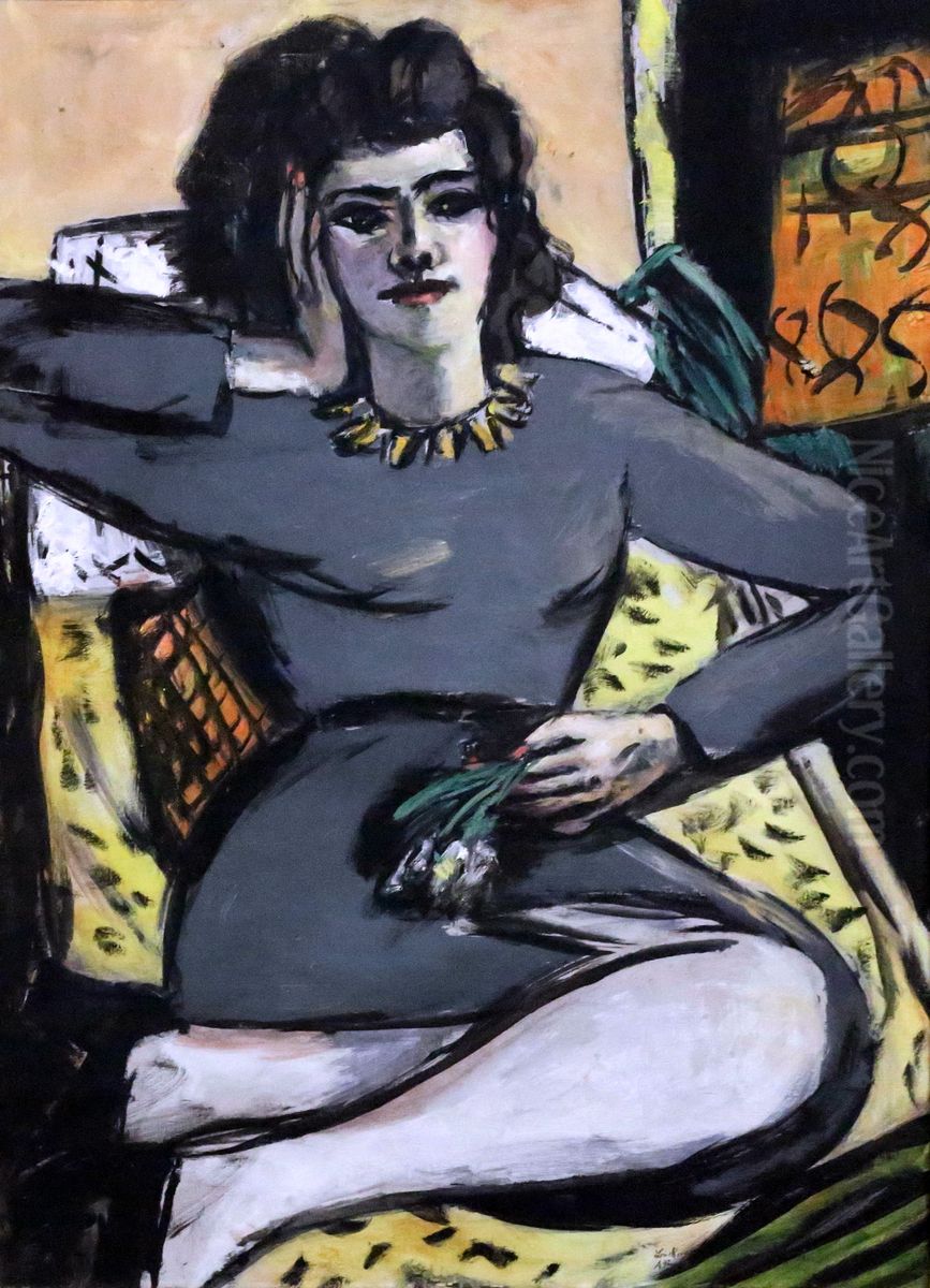 Reclining Woman with Pinks. Oil Painting by Max Beckmann