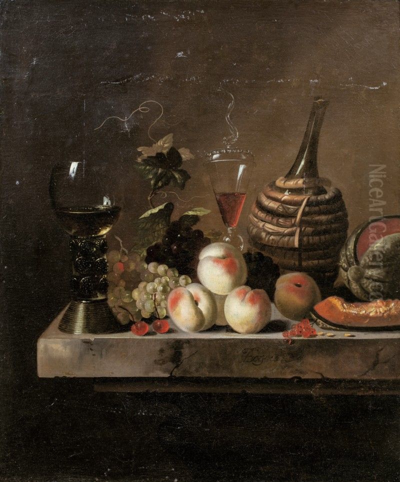 STILL LIFE WITH FRUIT, A WINE FLASK IN A BASKET AND A LARGE ROEMER Oil Painting by Jakob Bogdani