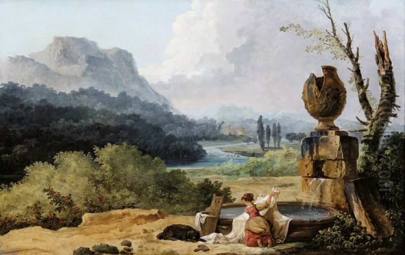 WASHERWOMAN IN A LANDSCAPE Oil Painting by Hubert Robert