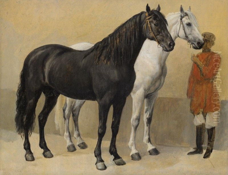 TWO HORSES OF PRINCE ANATOLE DEMIDOFF Oil Painting by Auguste Raffet