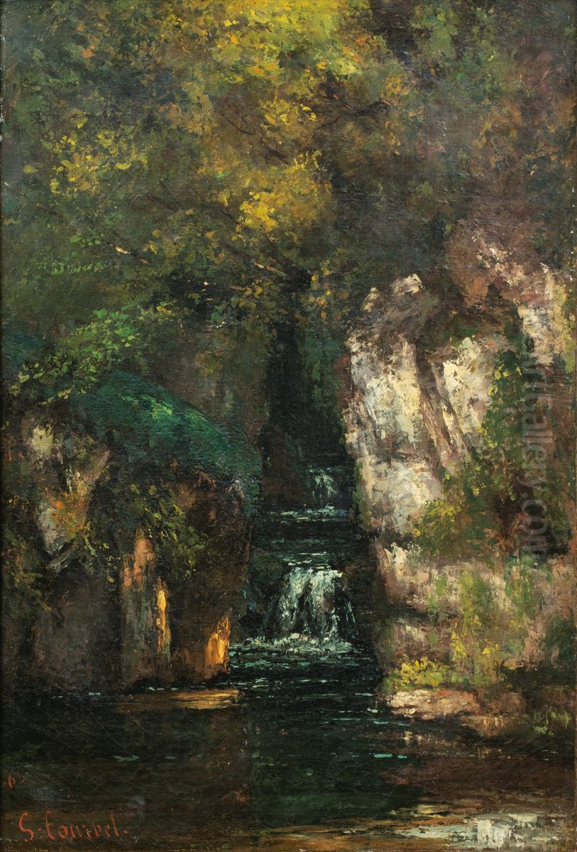 A WATERFALL NEAR ORNANS Oil Painting by Gustave Courbet