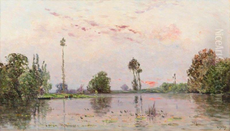 THE POND AT DUSK Oil Painting by Hippolyte Camille Delpy