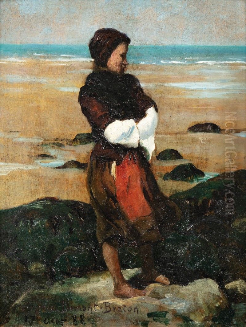 BRETON WOMAN ON THE BEACH Oil Painting by Virginie Demont-Breton