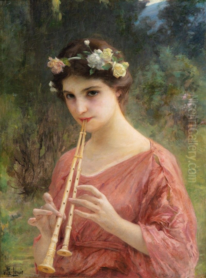 A YOUNG WOMAN PLAYING AN AULOS (OR THE DOUBLE FLUTE) Oil Painting by Charles-Amable Lenoir