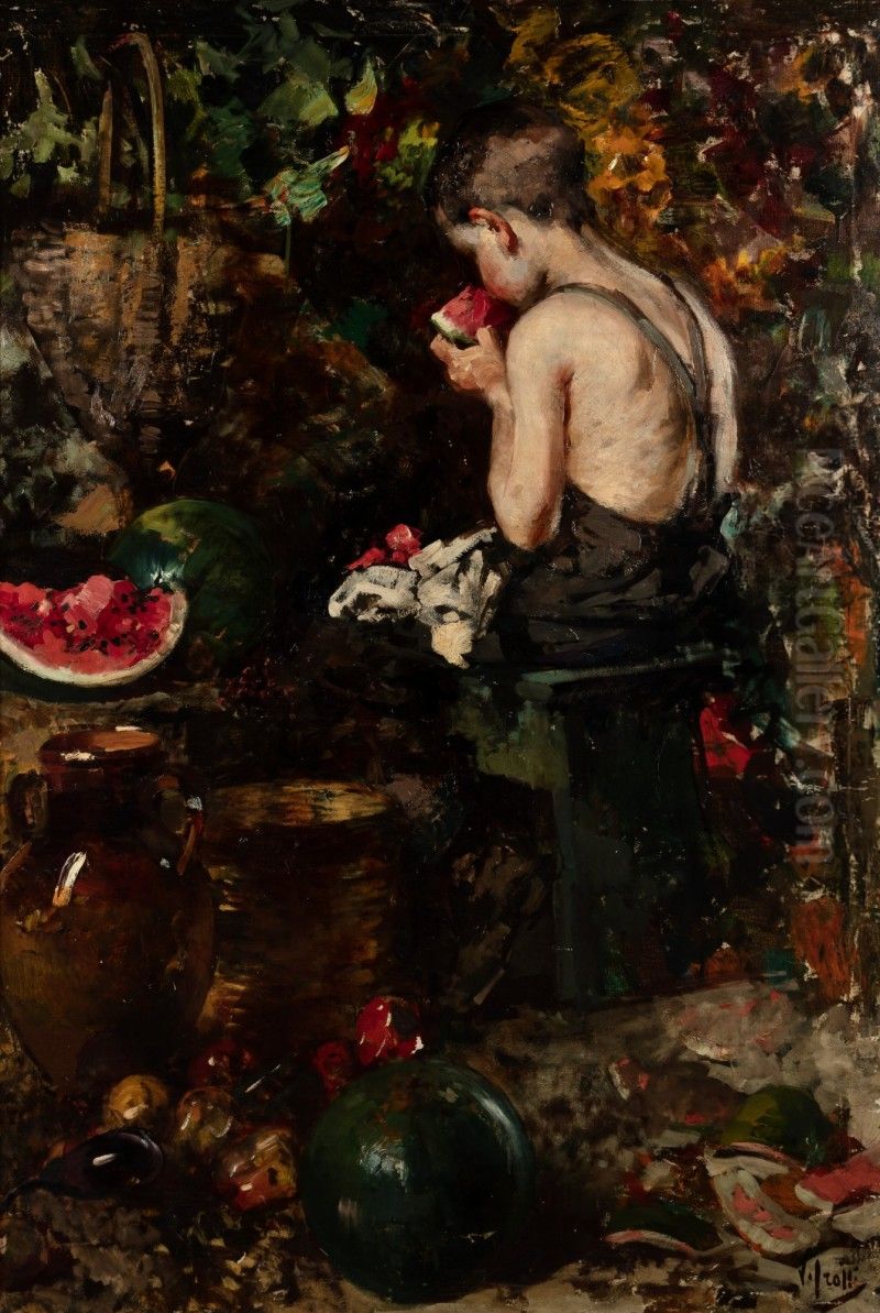 A YOUNG BOY EATING A WATERMELON Oil Painting by Irolli Vincenzo