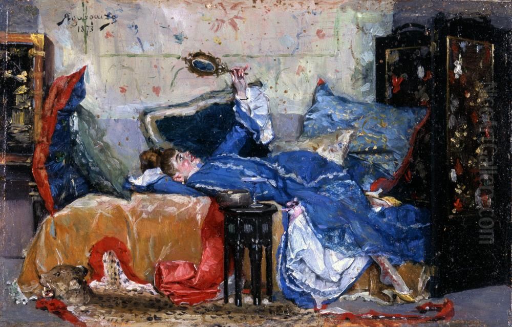 Reclining Woman with Mirror Oil Painting by Rogelio De Egusquiza Barrena