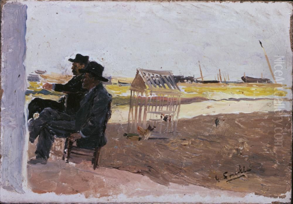 The Beach, Valencia (Two Men Seated) Oil Painting by Joaquin Sorolla