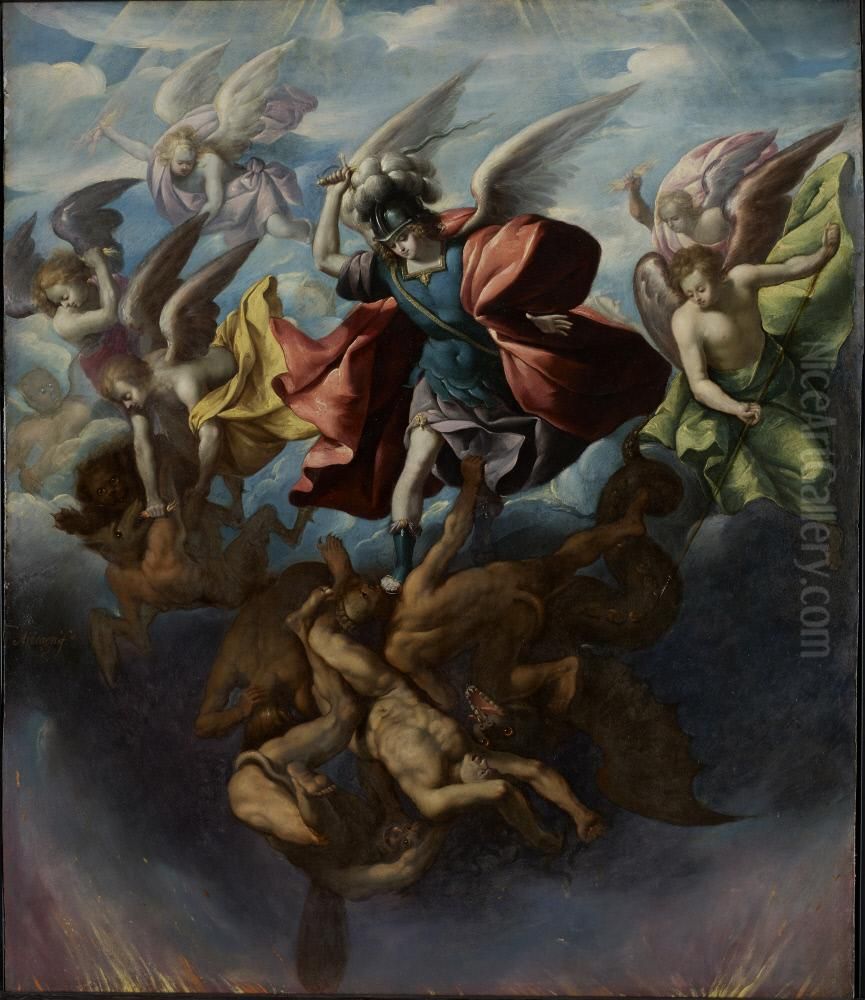 Saint Michael Striking Down the Rebellious Angels Oil Painting by Sebastian Lopez de Arteaga