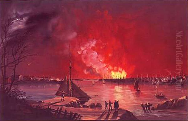 View of the Great Fire in N.York, Dec. 16th & 17, 1835, as seen from Williamsburg Oil Painting by Nicolino Calyo