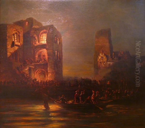 Die brennende Bromser Burg bei Rudesheim. Oil Painting by Fritz Von Wille