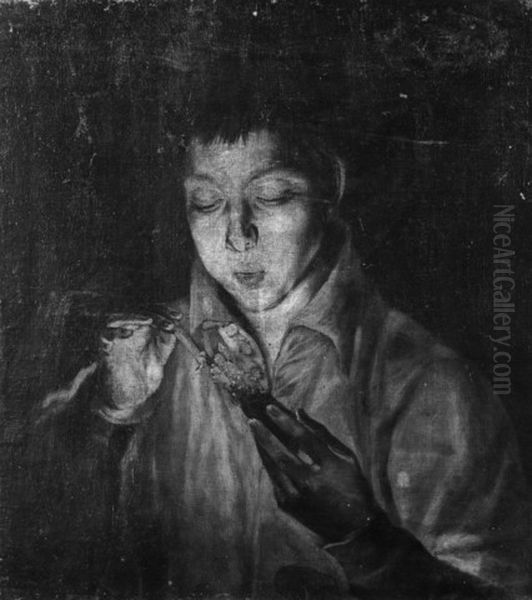A Boy Blowing on an Ember to Light a Candle Oil Painting by Giuseppe Maria Crespi