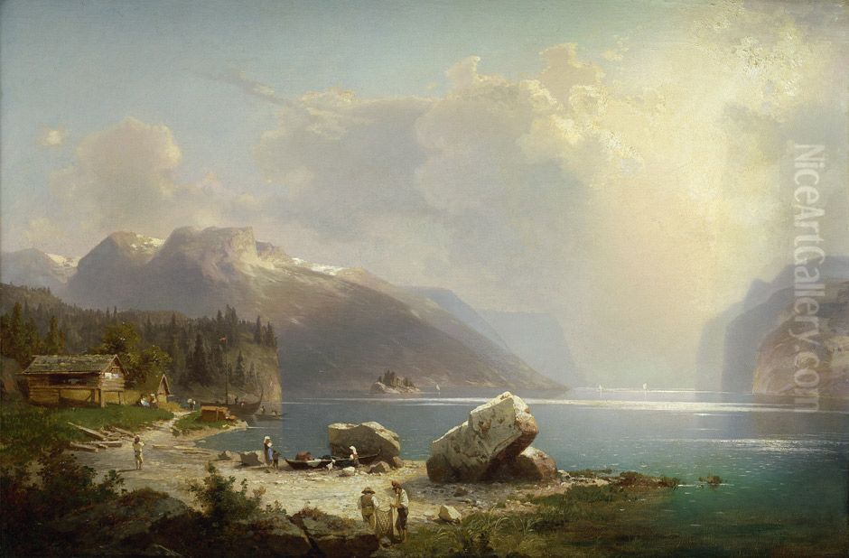 At the Hardanger Fjord in Norway Oil Painting by Franz Richard Unterberger