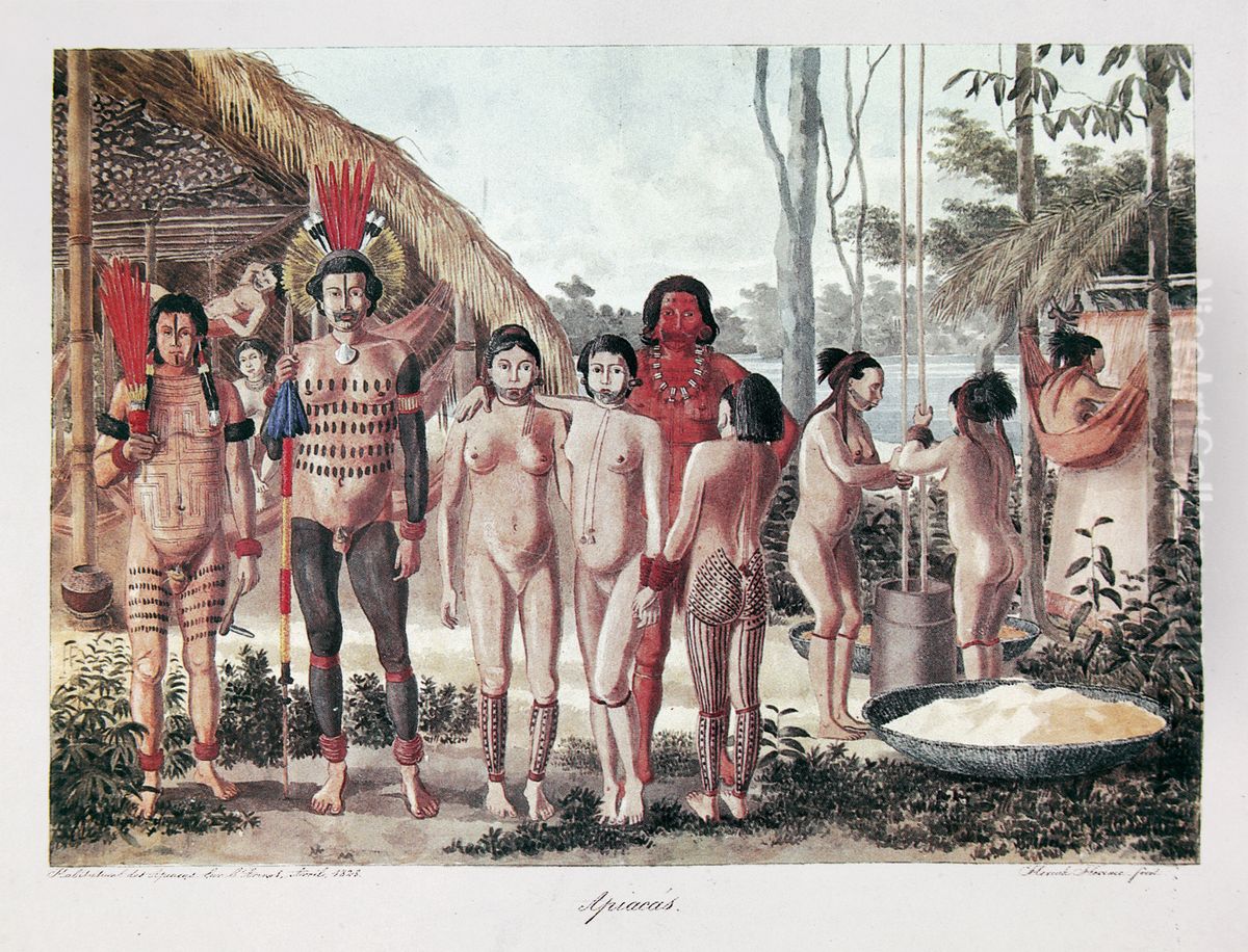 Apiacas. Habitation des Apiacas sur l'Arinos... Oil Painting by Hercules Florence