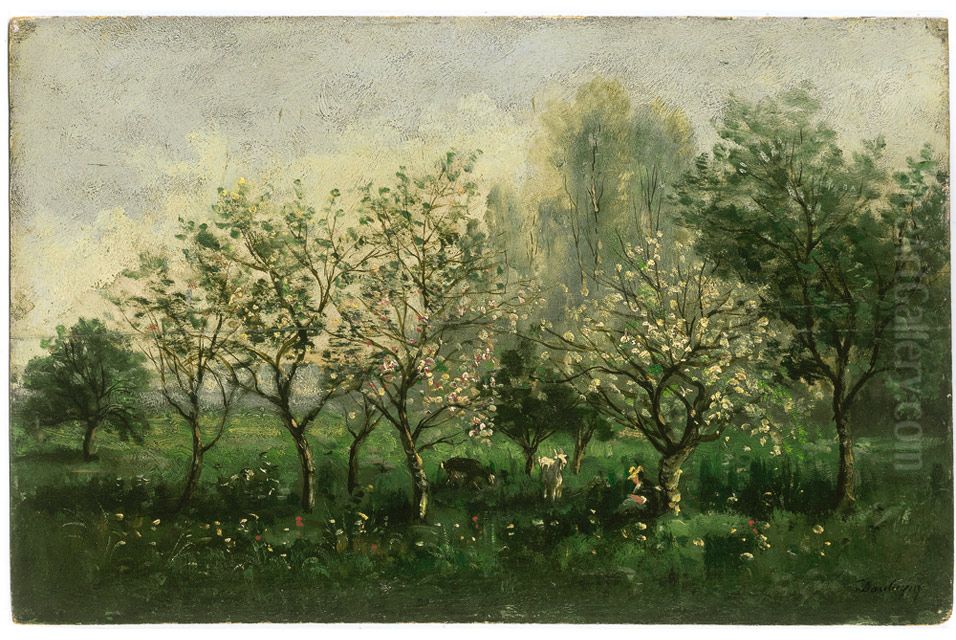 Apple Trees in Blossom Oil Painting by Charles-Francois Daubigny