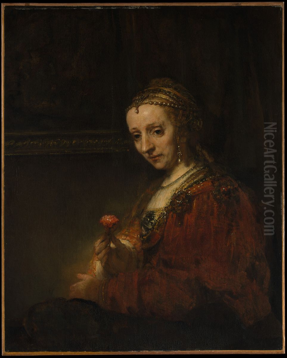 Woman with a Pink Oil Painting by Rembrandt