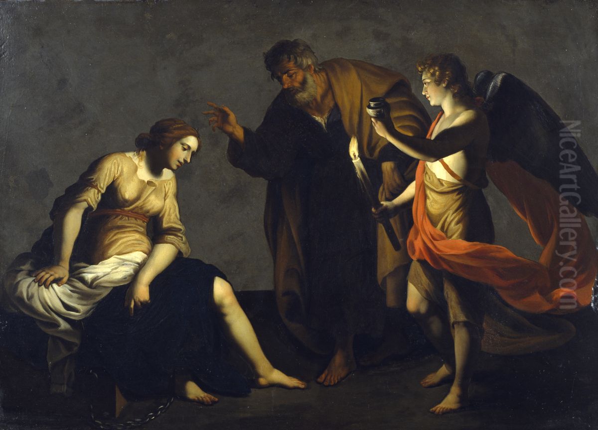 Saint Agatha Attended by Saint Peter and an Angel in Prison Oil Painting by Alessandro Turchi
