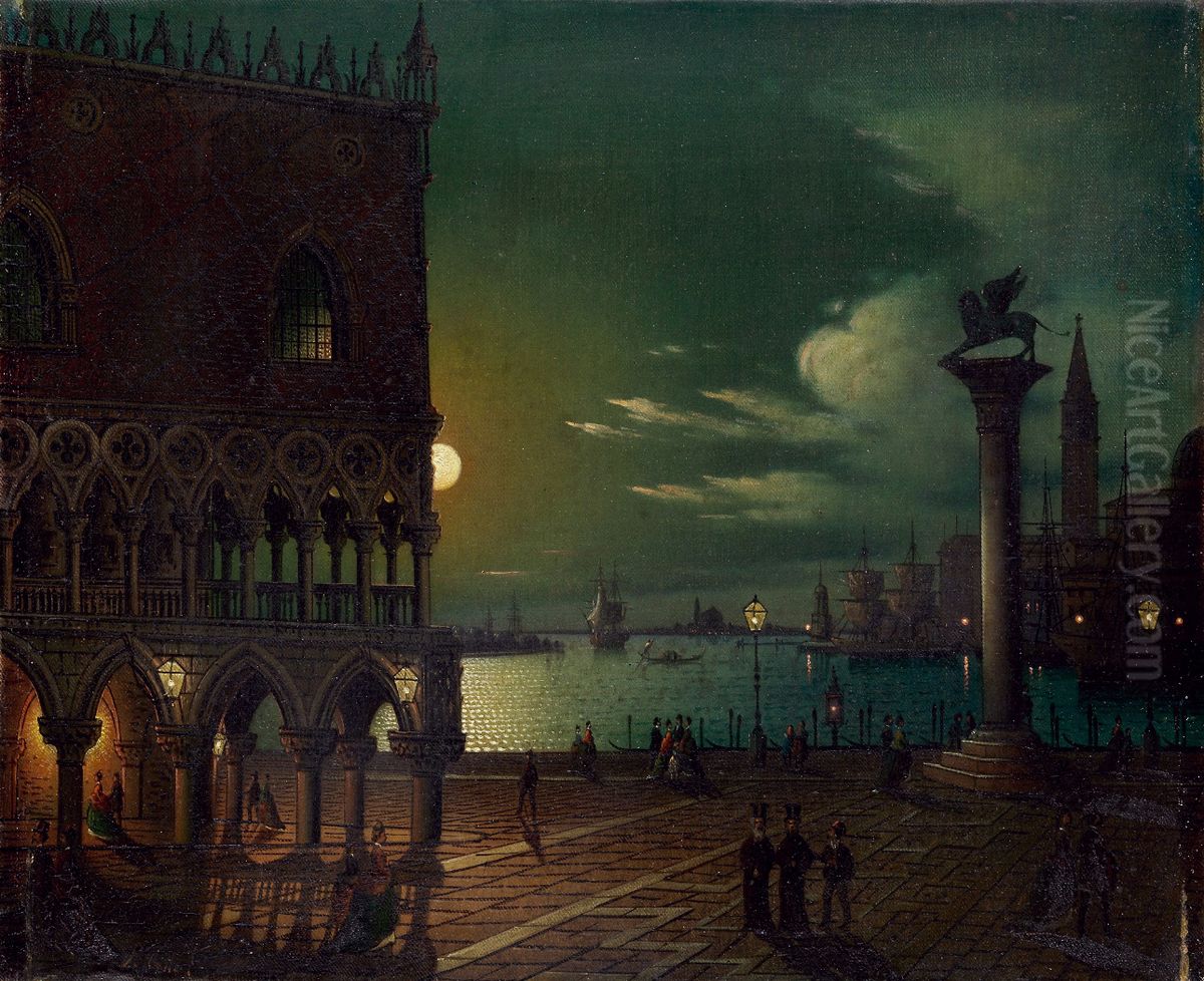 S. Mark's place in Venice at Moonlight Oil Painting by Ippolito Caffi