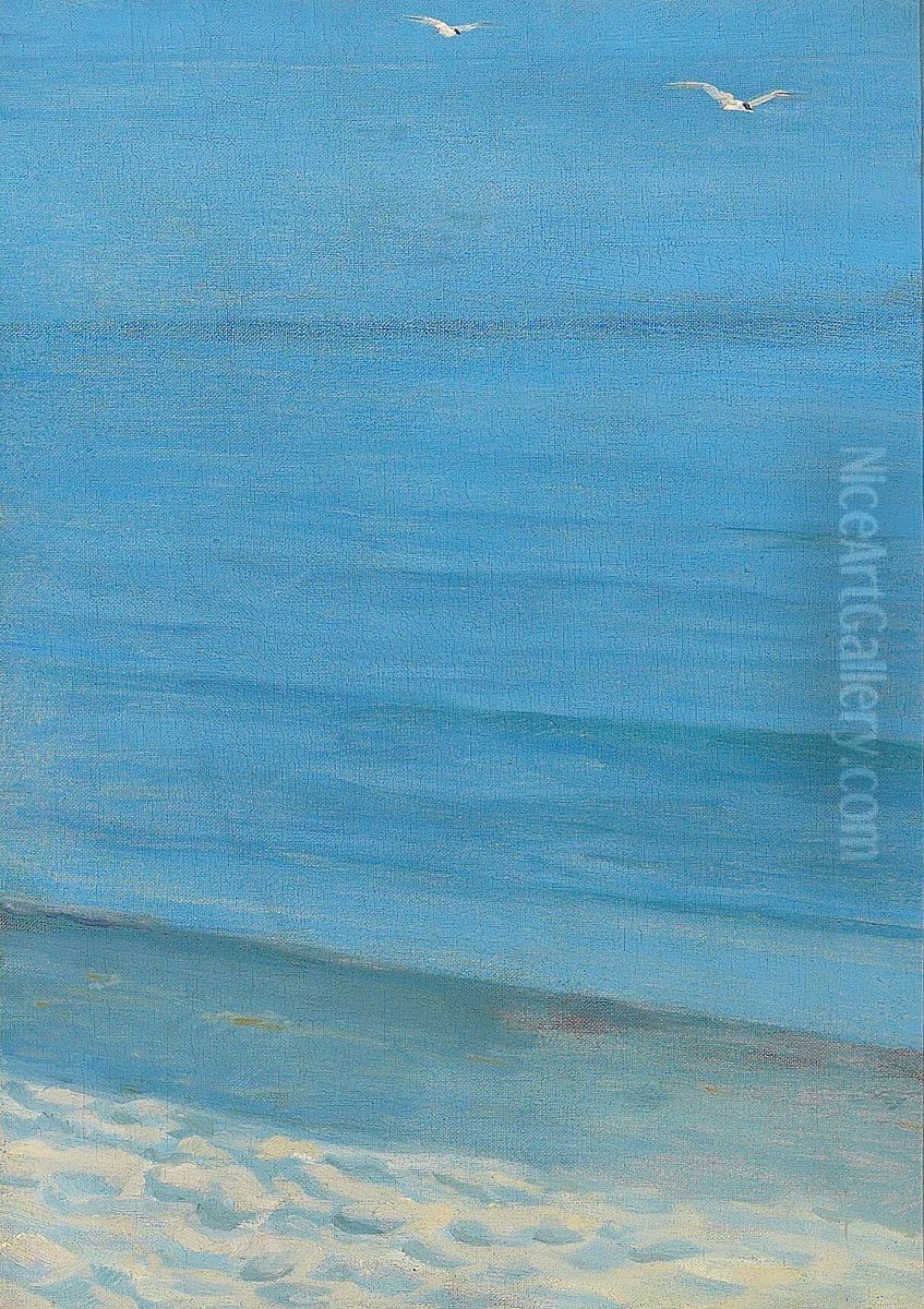 Study of a beach with a couple of terns in the air, and a strip of sand with footprints. Slightly hazy. Oil Painting by Peder Severin Kroyer