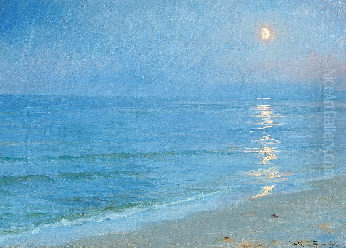 A moonlit Skagen beach Oil Painting by Peder Severin Kroyer