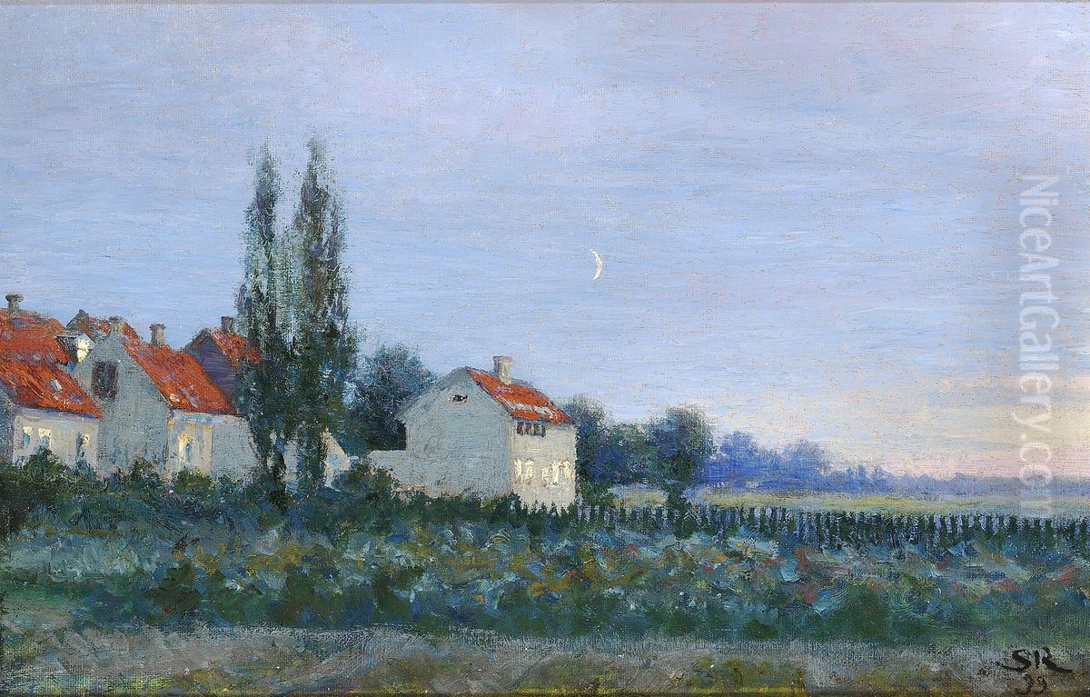 Aftenlandskab med huse og popler, maneskin. Oil Painting by Peder Severin Kroyer