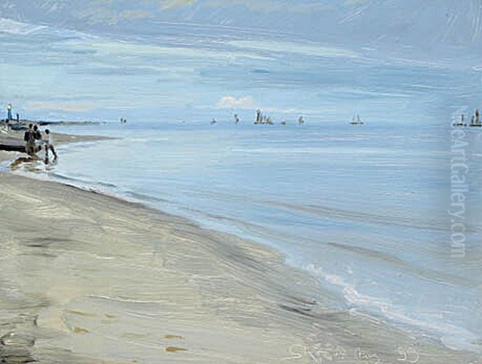 Strandparti fra Skagen, fiskere star ved en bad i strandkanten, i baggrunden lyser fyret. Oil Painting by Peder Severin Kroyer