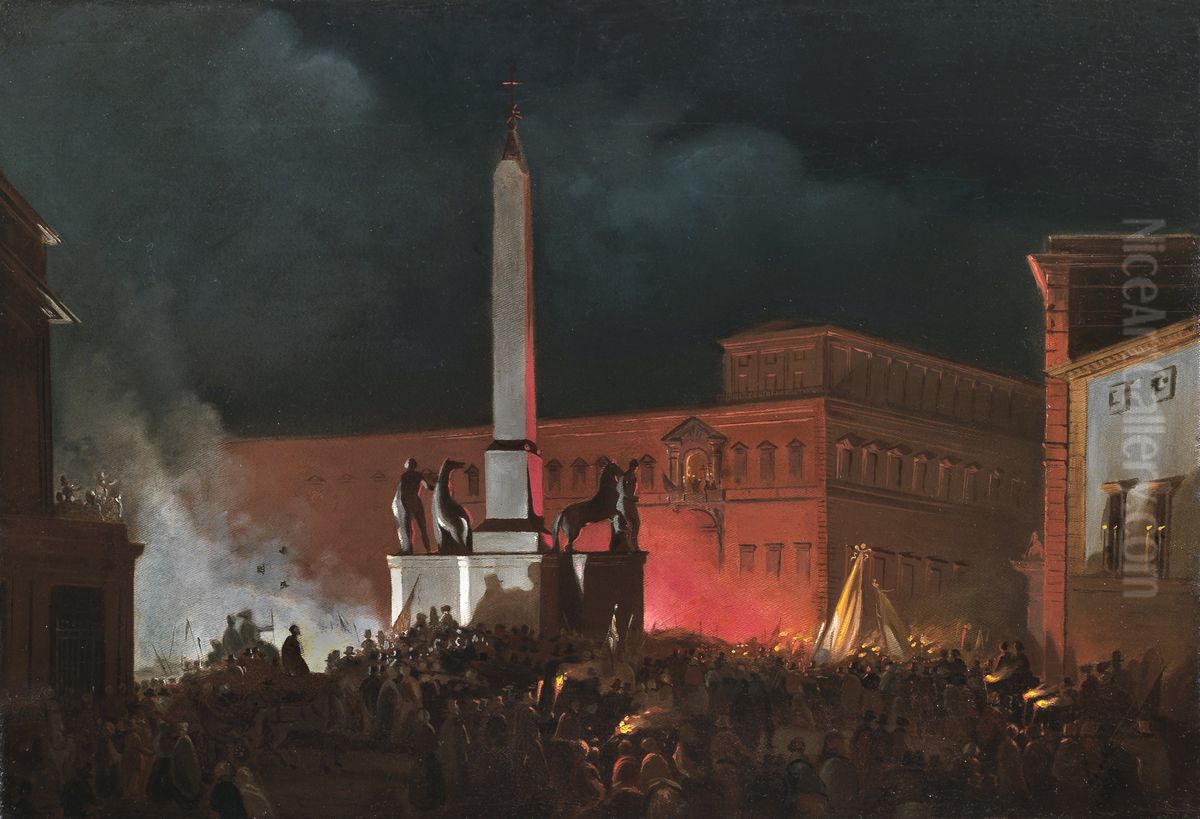 Blessing of Pius IX from the Quirinale at night Oil Painting by Ippolito Caffi