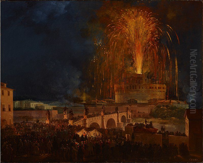 La Girandola, Rome Oil Painting by Ippolito Caffi