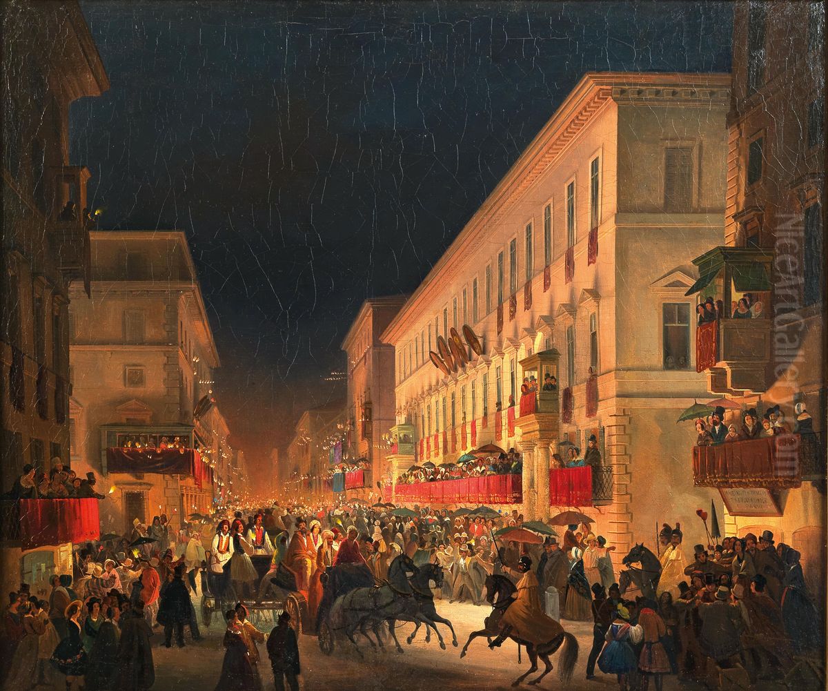 Carnival in Rome, the Feast of Moccoletti Oil Painting by Ippolito Caffi