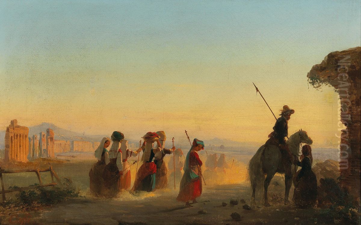 Rome, the Via Appia at dawn Oil Painting by Ippolito Caffi