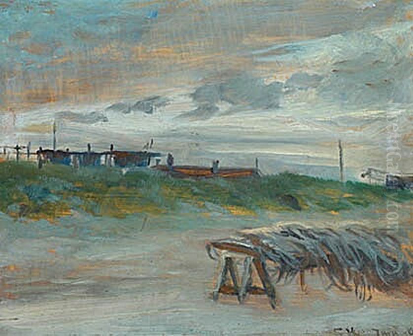 Skagen Sonderstrand on a June evening with cloudy weather. Fishing nets in front. Oil Painting by Peder Severin Kroyer