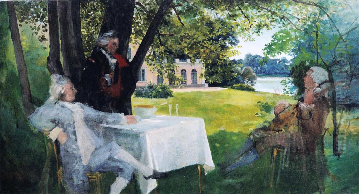 Bellman soittaa luuttua Kustaa III:lle ja Kustaa Mauri Armfeltille Haagassa Oil Painting by Albert Edelfelt